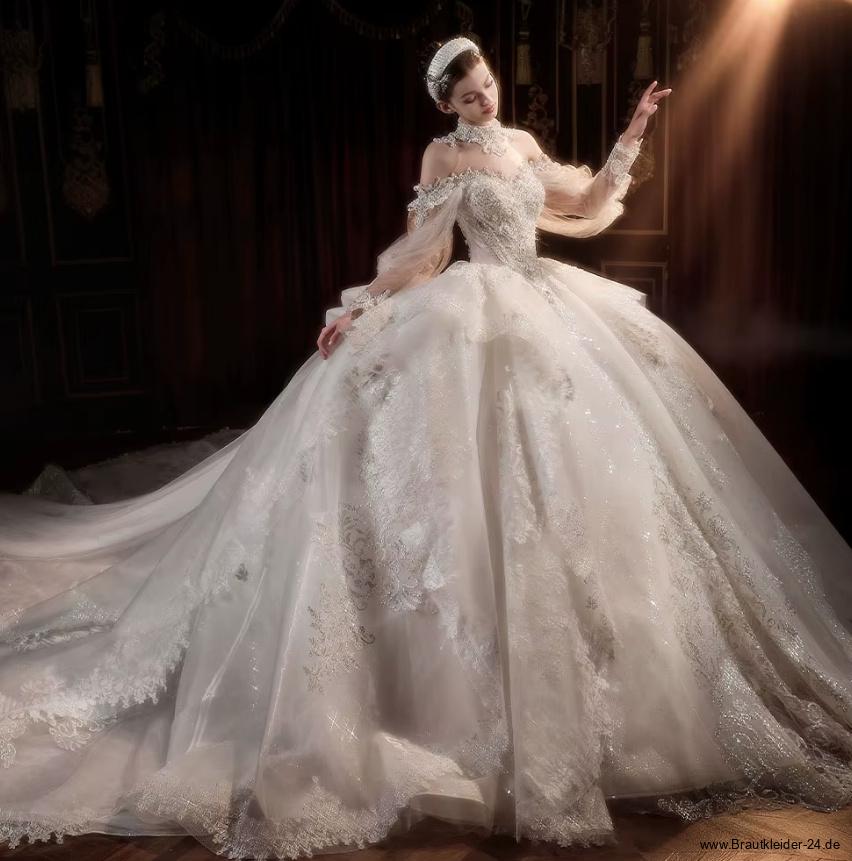 Langarm Prinzessinnen Luxus Brautkleid Finn mit Spitze Perlen Strass&nbsp;Applikationen