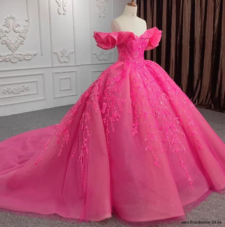 Schulterfreies Prinzessinnen Luxus Brautkleid Floretta mit Spitze Rüschen und Schleppe in&nbsp;Pink