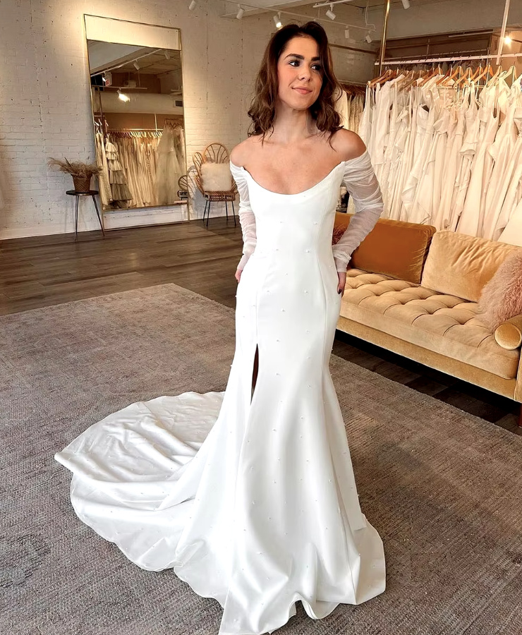 Schulterfreies Langarm Meerjungfrau Brautkleid Coralie mit Perlen und&nbsp;Schleppe