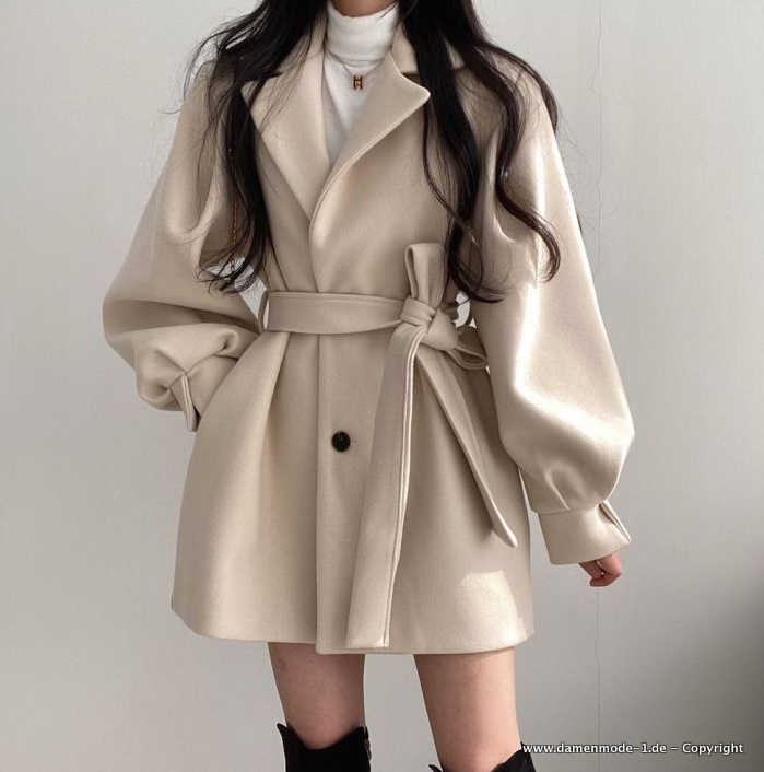 Schicke Woll Jacke Mantel Kurz mit Gürtel in&nbsp;Beige