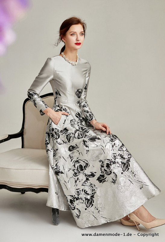 A Linie Satin Kleid Elegant in Silber mit Blumen Muster&nbsp;Lang