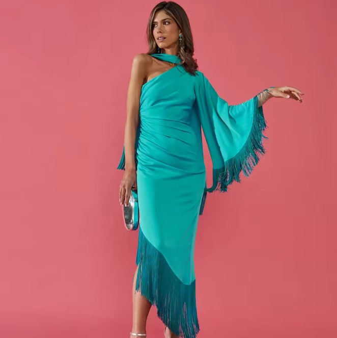 One Shoulder Brautjungfernkleid Joke mit Franzen in&nbsp;Blau