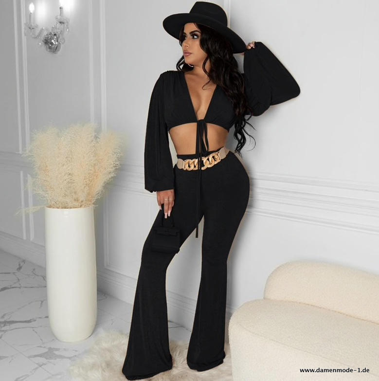 Sexy V Ausschnitt Damen Sommer Set Outfut in&nbsp;Schwarz