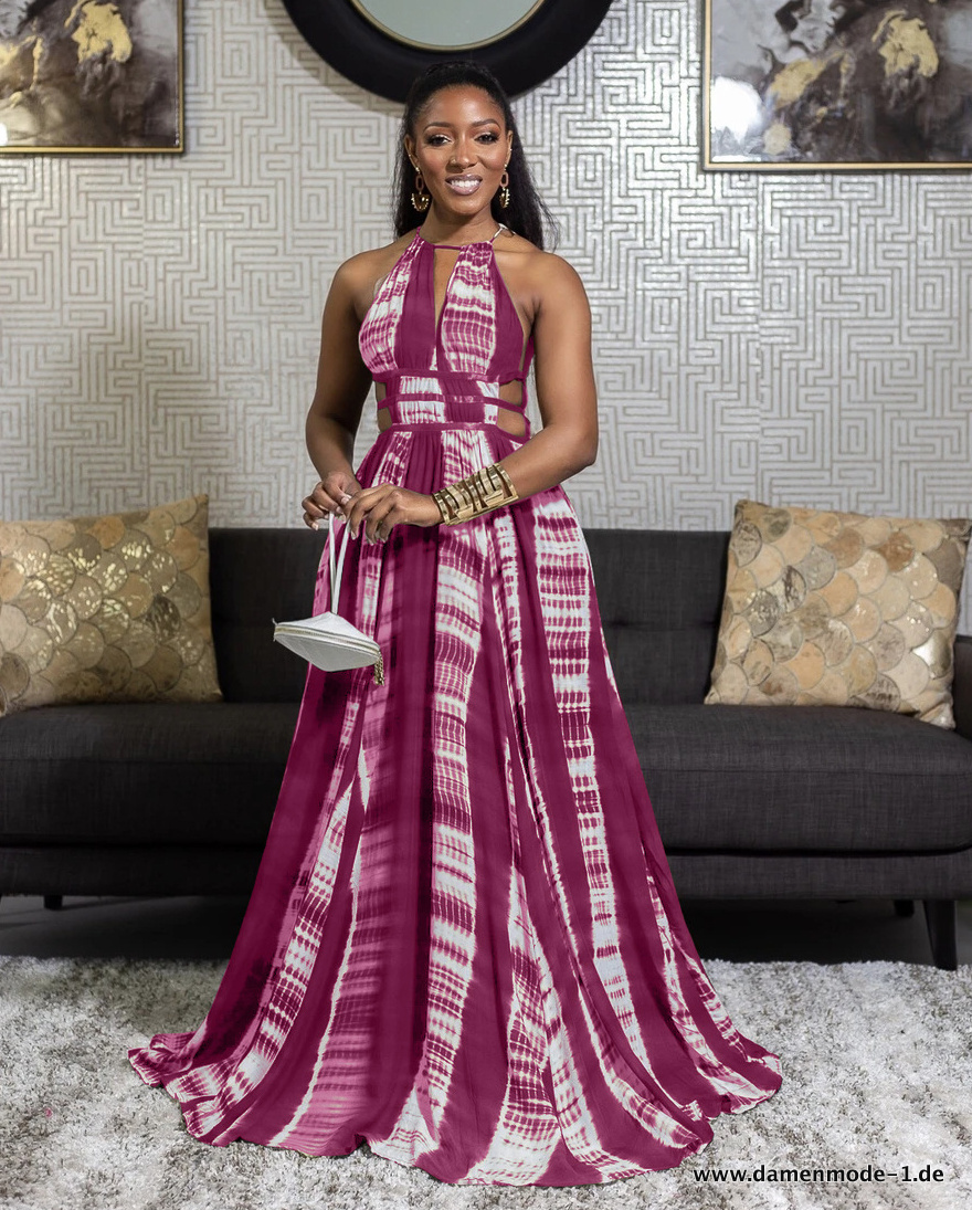 Neckholder Maxi Sommerkleid Lang in Weinrot weiß