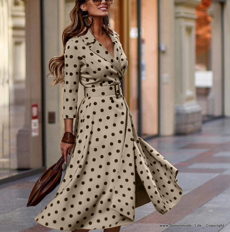 A Linie Maxi Sommerkleid Wadenlang in Khaki Gepunktet