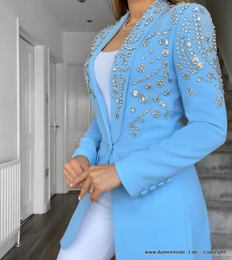 Eleganter Damen Blazer in Blau Mit Kristall&nbsp;Applikationen