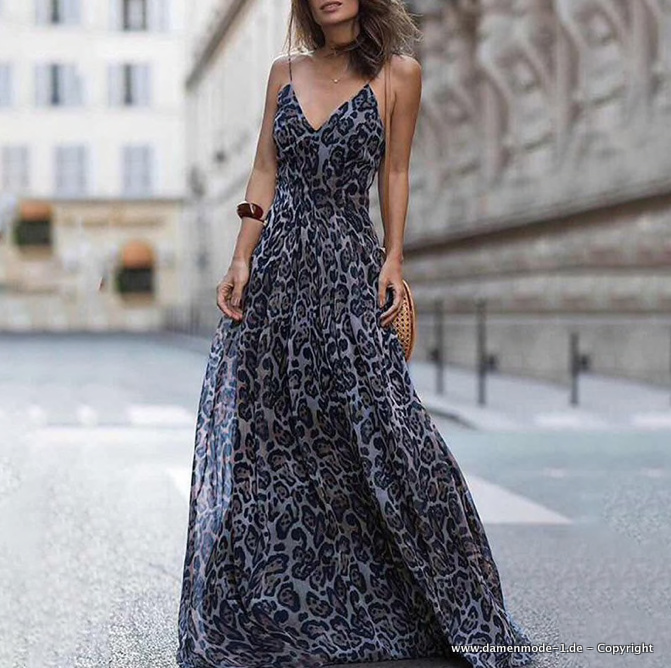Maxi Spaghettiträger Sommerkleid Lang mit Leopard Muster Blau