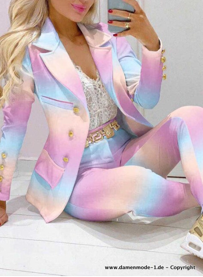 Damen Hosenanzug Elegant Regenbogen Rosa 