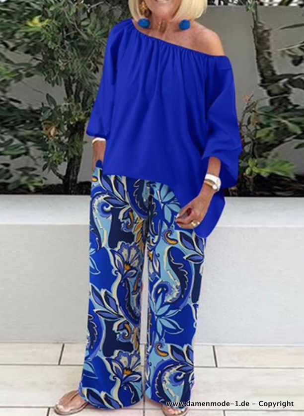 Eleganter Boho Print Zweiteiler Damenoutfit in&nbsp;Marineblau