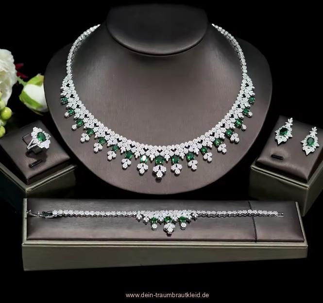 Luxus Zirkonia Brautschmuck Set Cami Silber Grün&nbsp;Fünfteilig