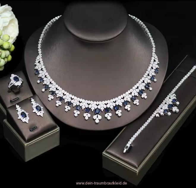 Luxus Zirkonia Brautschmuck Set Cami Silber Blau Fünfteilig