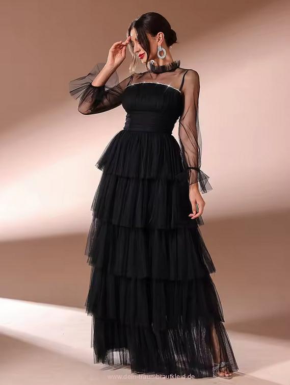 A Linie Kleid Carina Elegant für Hochzeitsgäste in Schwarz mit Tüll&nbsp;Ärmeln