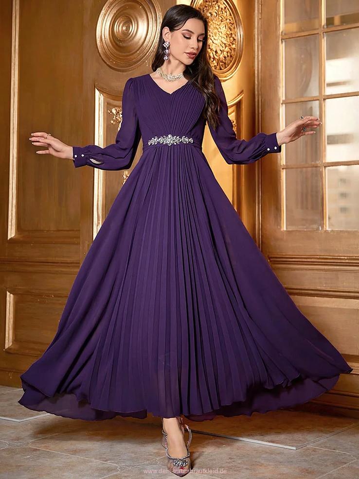 A Linie Plissee Kleid Cindy Elegant für Hochzeitsgäste in Lila mit&nbsp;Strass
