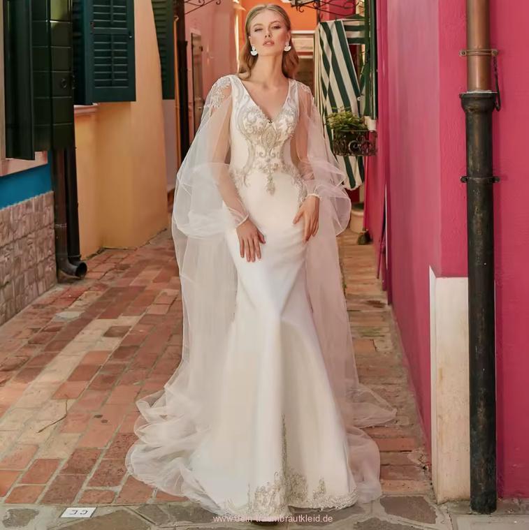 Meerjungfrau Brautkleid Debbie mit Stickereien V Ausschnitt und Tüll&nbsp;Umhang