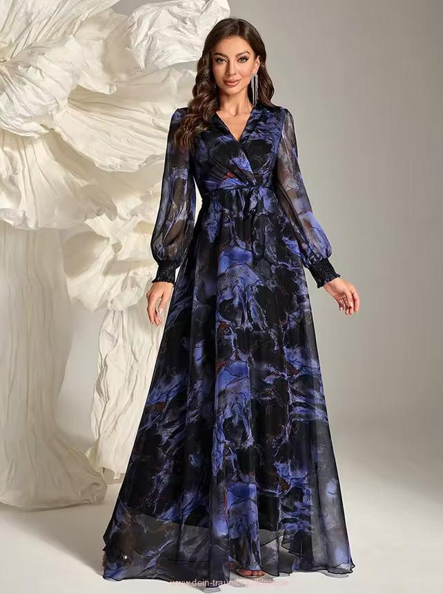 A Linie Chiffon Kleid Delphine Elegant für Hochzeitsgäste in Schwarz Blau mit&nbsp;Blumenmuster