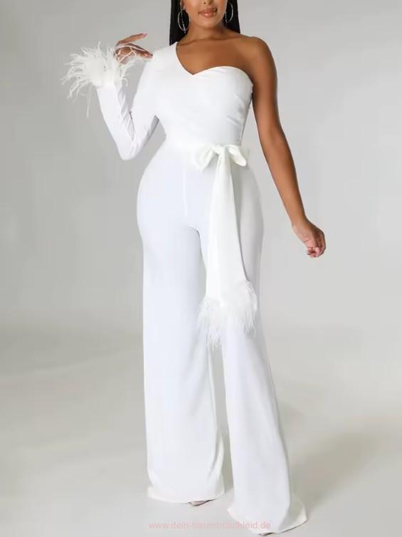 One Shoulder Braut Overall Jumpsuit Hermine in Weiß mit&nbsp;Gürtel
