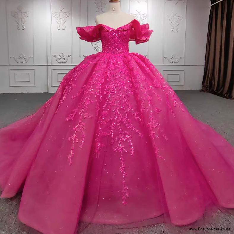 Schulterfreies Prinzessinnen Luxus Brautkleid Floretta mit Spitze Rüschen und Schleppe in Pink