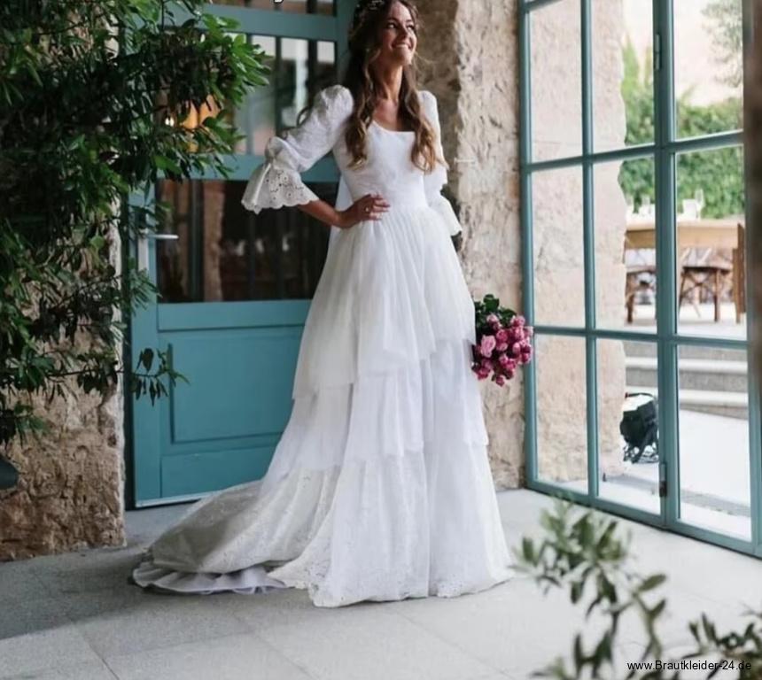 A Linie Langarm Vintage Brautkleid Frantje mit Raffungen und&nbsp;Schleppe