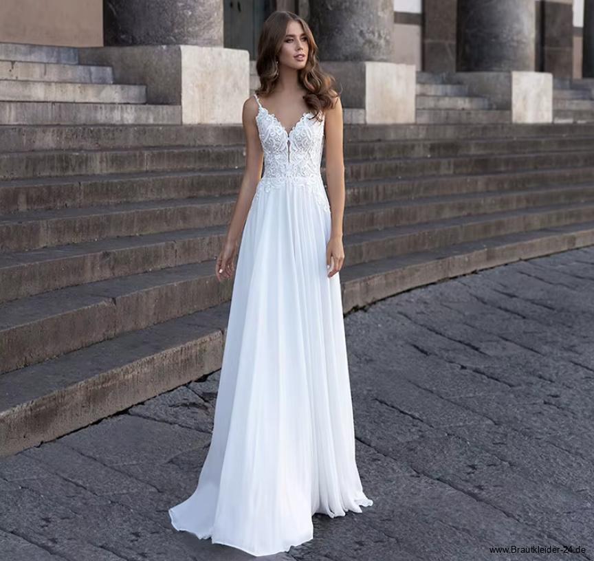 Spaghettiträger Empire Chiffon Brautkleid Felicitas mit Spitze und Schleppe