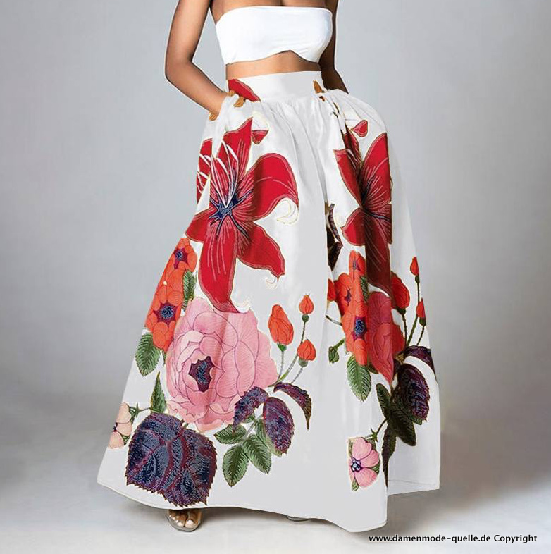 Maxi Sommer Rock in Weiß Lang mit&nbsp;Blumenmuster