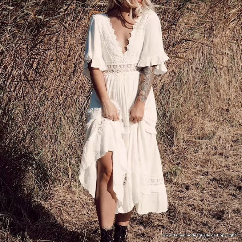 Bohostyle Maxi Sommerkleid in Weiß mit&nbsp;Spitze