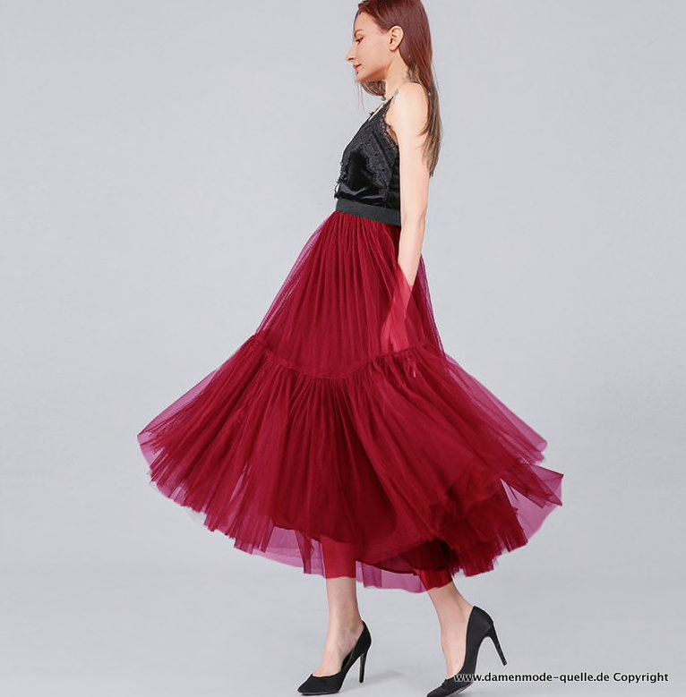Plissee Tüll Sommerrock Lang mit 3 Schichten in Weinrot&nbsp;Dunkelrot