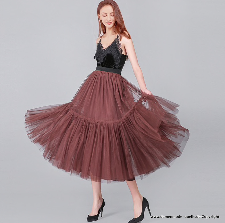 Plissee Tüll Sommerrock Lang mit 3 Schichten in&nbsp;Braun