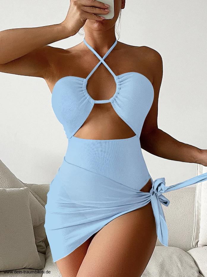 Sexy Neckholder Badeanzug mit Hohe Taille und Tuch in&nbsp;Hellblau