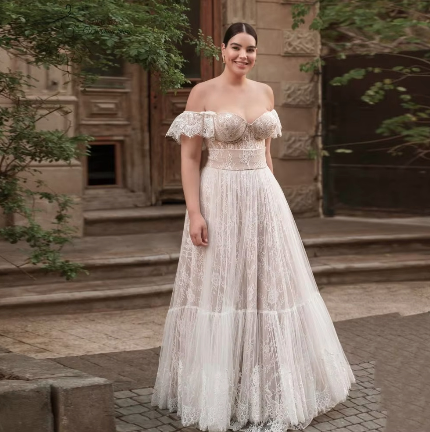 Schulterfreies Plus Size Boho Style Langarm Brautkleid Charline&nbsp;Bodenlang