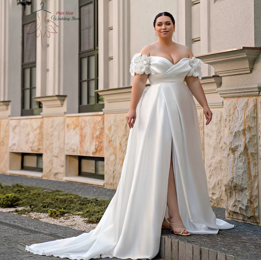 Schulterfreies A Linie Organza Brautkleid Celes mit 3D Blumen und&nbsp;Schlitz