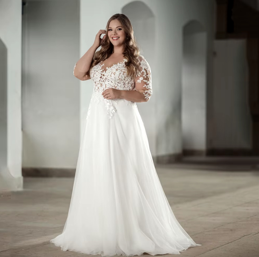 Langarm Empire Brautkleid auch in Großen Größen mit Tattoo&nbsp;Spitze