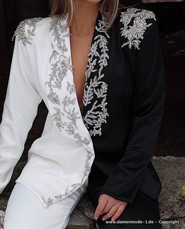 Business Hosenanzug Zweifarbig mit Kristall Perlen&nbsp;Applikationen