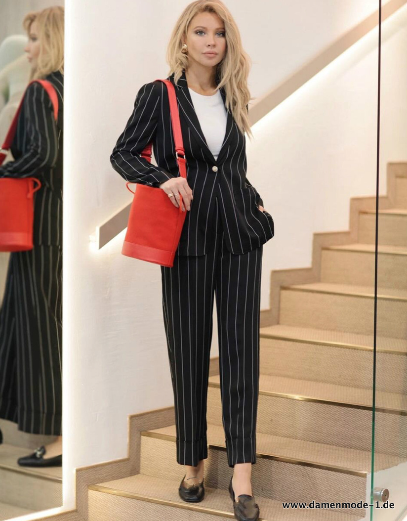 Business Hosenanzug für Damen Elegant in Schwarz&nbsp;Gestreift