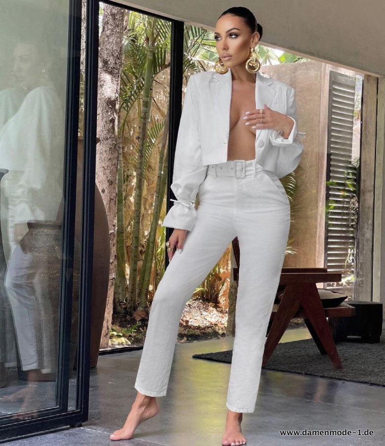 Damen Hosenanzug Elegant in Weiß mit Kurzer&nbsp;Blazer
