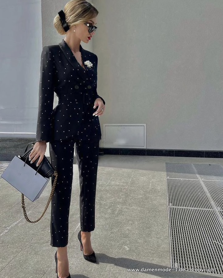 Business Hosenanzug Elegant in Schwarz Mit Perlen&nbsp;Bestickt