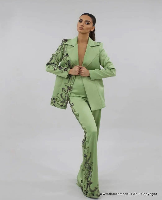 Eleganter Hosenanzug für Damen in Grün mit Blumen Pailletten&nbsp;Stickereien