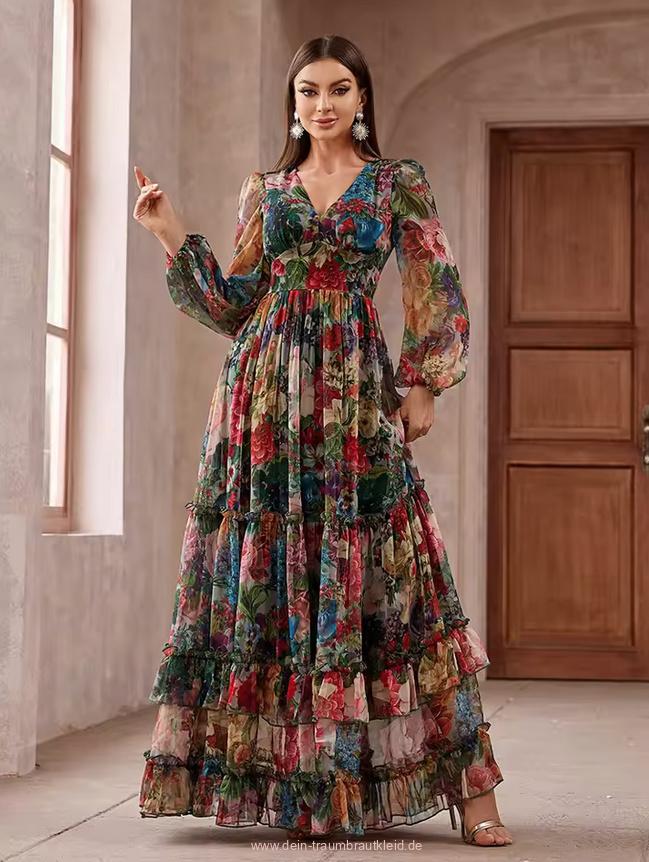 Langarm Chiffon Kleid Cynthia Elegant für Hochzeitsgäste Bunt mit&nbsp;Blumenmuster