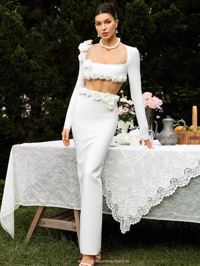 Sexy Braut Zweiteiler für das Standesamt mit 3D Blumen Weiß