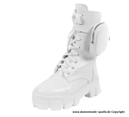 Dicke PU Leder Damen Stiefeletten in Weiß mit&nbsp;Tasche