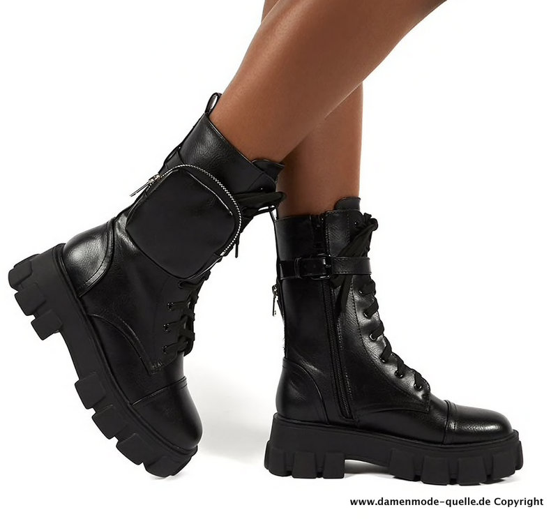 Dicke PU Leder Damen Stiefeletten in Schwarz mit&nbsp;Tasche