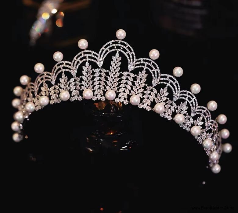 Zirkon Kristall Braut Diadem Friderike Silber mit&nbsp;Perlen