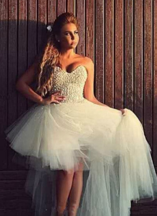 Bustie Tüll Vokuhila Brautkleid Sexy mit Perlen&nbsp;Bestickt