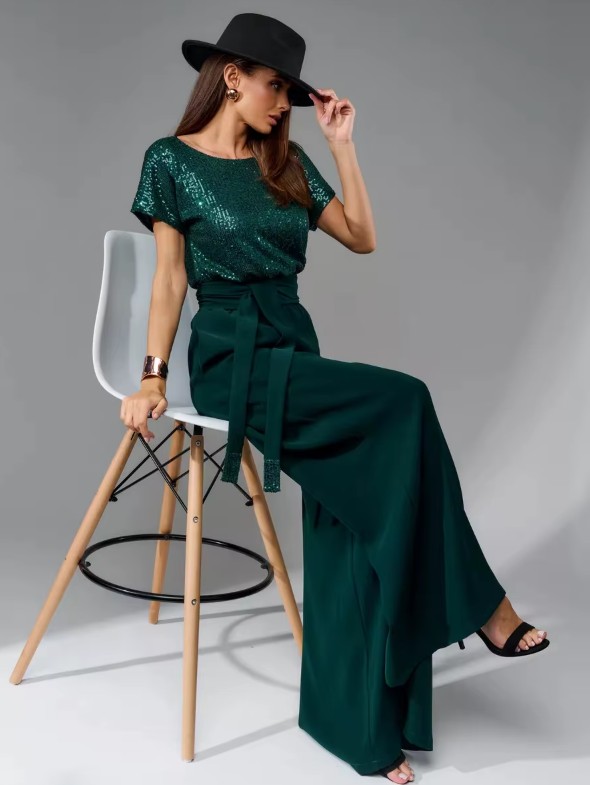 A Linie Einteiler Jumpsuit Gaby mit Glitzer Oberteil in Dunkelgrün Elegant und&nbsp;Festlich