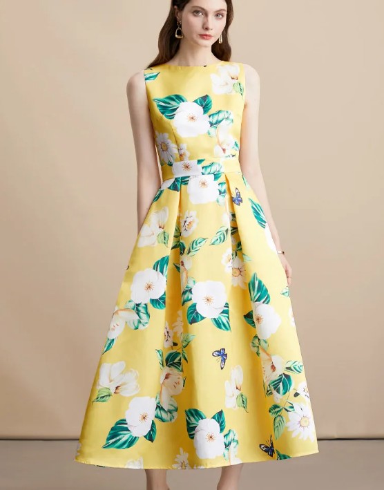 Ärmelloses Sommerkleid Inike Elegant für Hochzeitsgäste in Gelb mit Blumenmuster