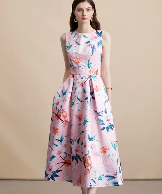 Ärmelloses Sommerkleid Inike Elegant für Hochzeitsgäste in Rosa mit Blumenmuster