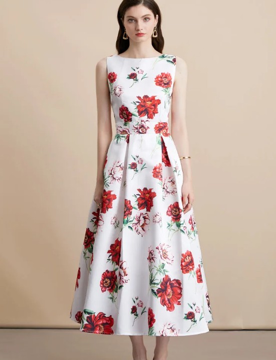 Ärmelloses Sommerkleid Iniki Elegant für Hochzeitsgäste in Weiß mit Blumenmuster