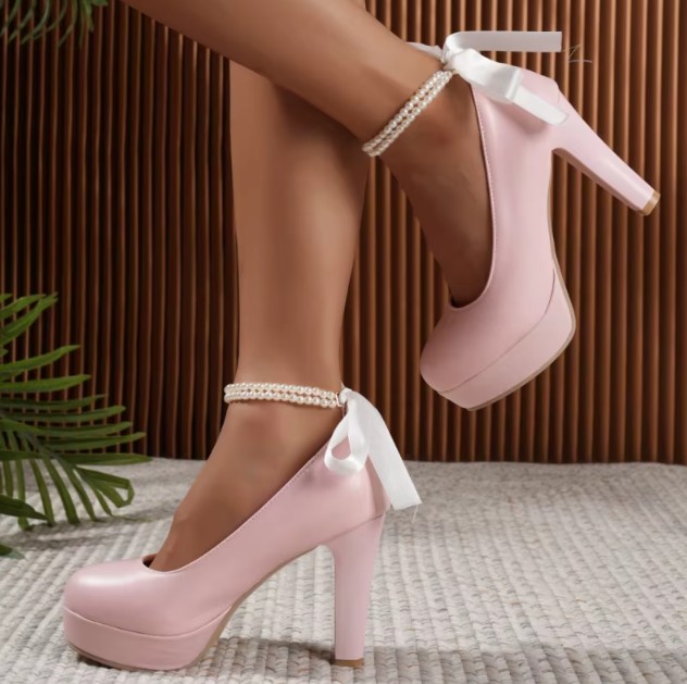 Braut Plateaupumps Hochzeitsschuhe in Rosa mit Perlen&nbsp;Riemen