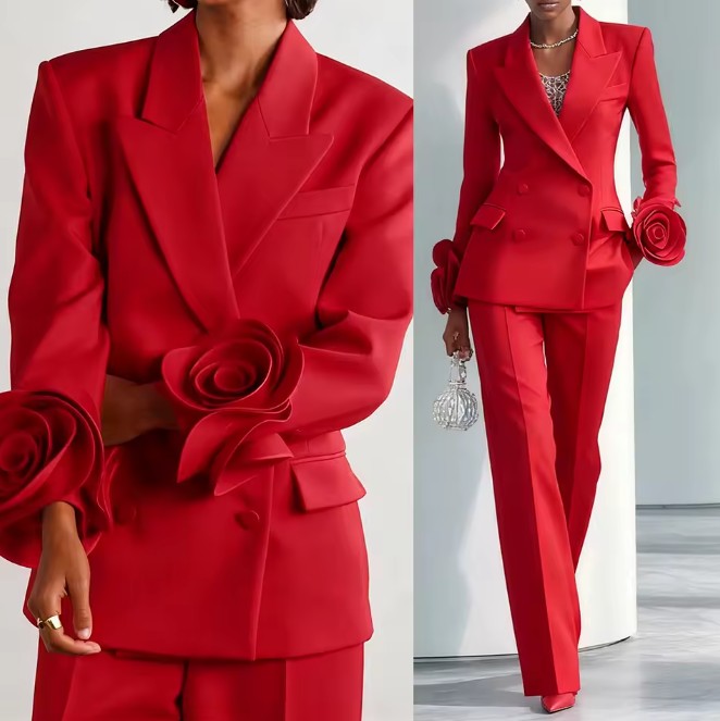 Damen Hosenanzug in Rot Elegant Festlich mit 3D&nbsp;Blumen