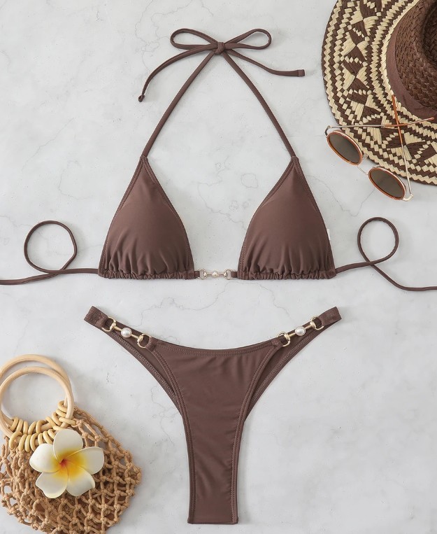 Halterneck Bikini Shirin in Braun mit Perlen