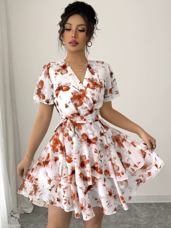 Kurzes Chiffon Sommerkleid Ganya Weiß Rot mit Blumenmuster